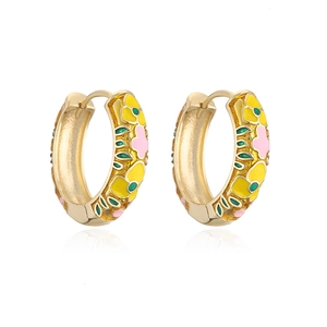 Detail of 18K gold-plated hoop earrings featuring colorful floral enamel patterns