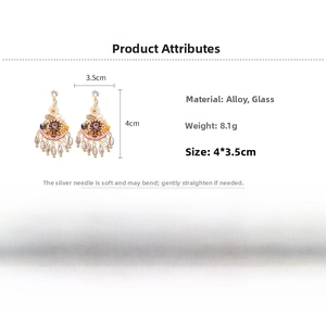 Detail view of purple crystal fan earrings with size 4x3.5cm and 8.1g weight specs