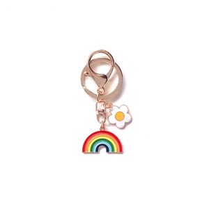 Cute rainbow and flower enamel charm keychain with rose gold metal ring for bags