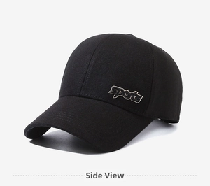 Close-up side view of a classic black baseball cap with embroidered sports logo