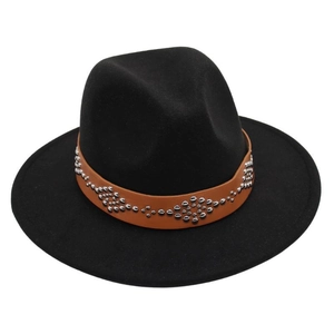 Detail of a black wool fedora with a brown leather band and silver metal studs