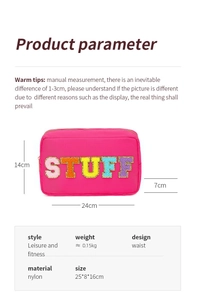 Tableau des tailles détaillé pour trousse à maquillage rose avec broderie STUFF
