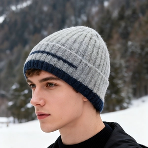 Men's winter knit beanie hat with thermal fleece lining in navy blue and grey colors