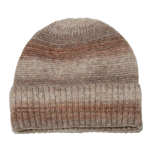 Macro detail of brown gradient ribbed knit beanie showing soft textured yarn fabric