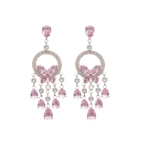 Elegant silver butterfly tassel earrings with pink zircons and drop-shaped crystal fringe