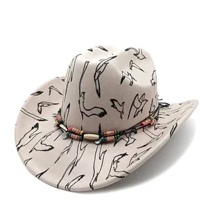 Western wool felt cowboy hat with bird print and colorful ethnic beaded band