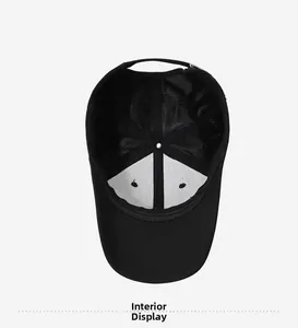 Interior view of black baseball cap showing breathable mesh lining and adjustable strap