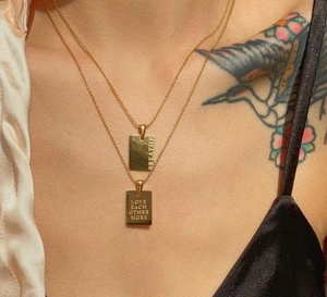Double-layered 18k gold plated stainless steel necklace with engraved rectangle pendants