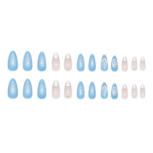 Sky blue almond press-on nails with silver French tips and starburst charms