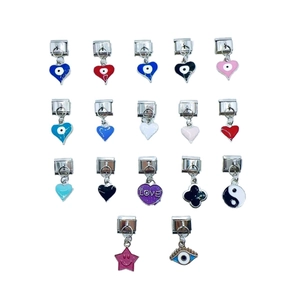 Modular stainless steel charms featuring enamel heart and evil eye designs for DIY bracelets