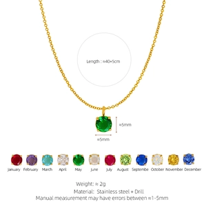 Detailed view of stainless steel birthstone necklace with 12 color options and dimensions