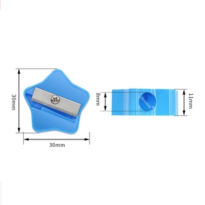 Detailed dimensions of the star-shaped manual pencil sharpener in blue plastic