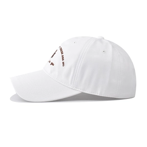 Close-up of white cotton baseball cap showing brown bear and text embroidery detail