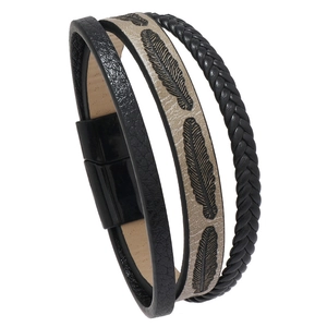 Multilayer leather bracelet for men and women with embossed feather and magnetic clasp