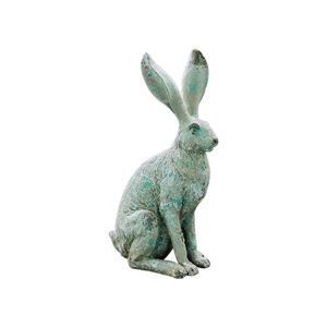 Nordic vintage long-eared rabbit resin statue with distressed bronze green finish for home decor