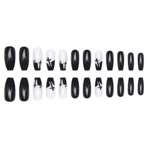 Long coffin Halloween press on nails with black and white gothic cross silhouette design