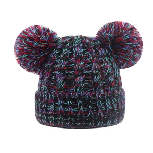 Winter knit hat for children with mixed color yarn and double pom-poms on top