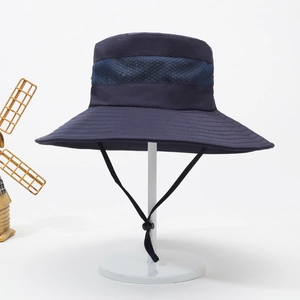 Dark blue wide brim sun hat with breathable mesh and adjustable chin strap for outdoors