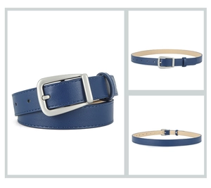 Detail of blue leather belt with silver metal buckle in rolled and flat views