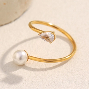 Asymmetric Open Snake Ring Stainless Steel 18K Gold Plated With Imitation Artificial Pearl And Teardrop Zircon For Women