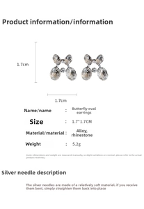 Detail view of butterfly rhinestone studs with size dimensions and silver needle