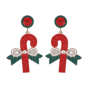 Christmas candy cane drop earrings with beads, bow, and rhinestone accents for women