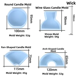 Detailed specs of geometric silicone candle molds with dimensions and weights for DIY crafts