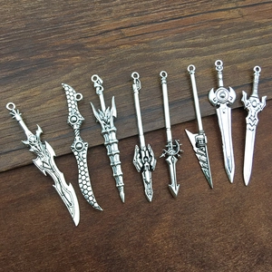 Set of 8 vintage silver alloy sword pendants for DIY jewelry and keychains