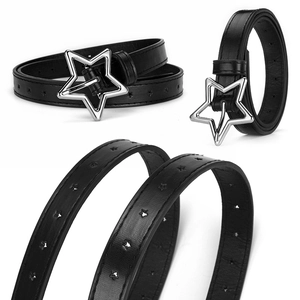 Black skinny leather belt featuring silver star buckle and star-shaped perforations