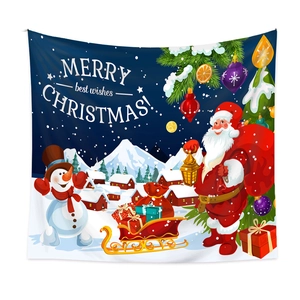 Detail of Christmas tapestry showing Santa Claus, snowman, and sled in a snowy village