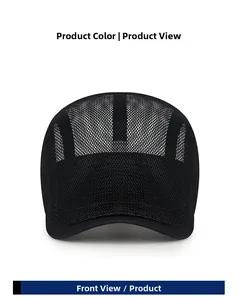 Front view of black mesh flat cap showing breathable fabric and classic visor detail