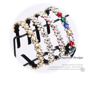 Detailed view of four luxury headbands featuring large square rhinestones in vibrant colors