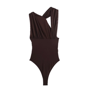 Detail view of chocolate brown one-shoulder bodysuit featuring pleated mesh overlay texture