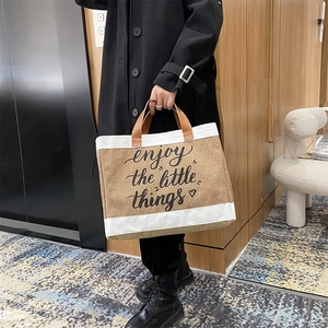Large Capacity Jute Tote Bag Linen Canvas Patchwork Handbag With Leather Handle Letter Print Casual Shopping For Women