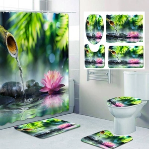 Bamboo and lotus zen bathroom set with shower curtain, toilet cover, and non-slip floor mats