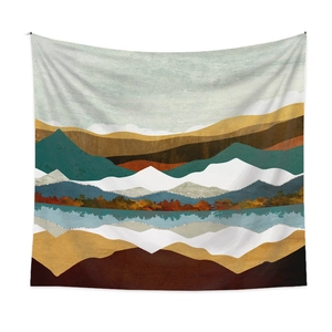 Close-up of abstract mountain landscape tapestry with modern earthy tone fabric texture