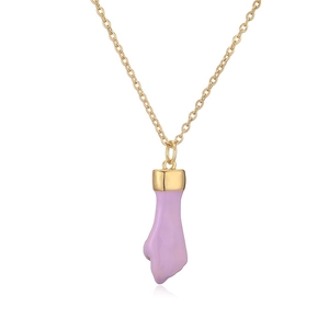 Golden chain necklace with a purple hand pendant on a clean white background