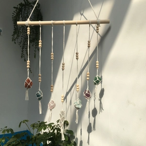 Bohemian macrame wall hanging with seven natural raw crystals and wooden beads