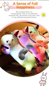 Detailed view of colorful glowing LED unicorn plush toys used for bedroom decoration