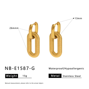 Macro shot showing dimensions and specifications of golden stainless steel chain earrings