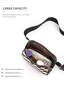 Interior detail of checkerboard belt bag showing main pocket and three mesh compartments