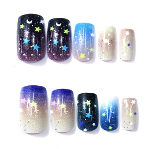 24pcs square press-on nails featuring a dreamy starry sky galaxy design with stars