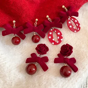 Boucles D'oreilles Nœud Rose En Velours Flocage Rouge Avec Tige En Argent Style Vintage Doux Femme Accessoire