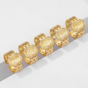 Retro Stainless Steel Initial Letter Adjustable Ring For Women Men Vintage Chain Texture Open Band Minimalist Jewelry