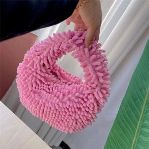 Pink plush chenille handbag with soft textured candy color mop style design