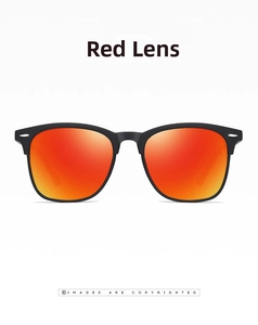 Detail of classic black frame sunglasses with vibrant red mirrored polarized lenses
