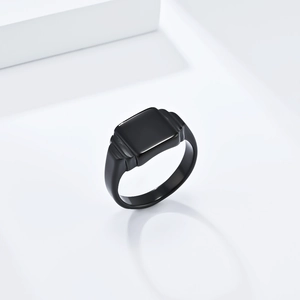 Minimalist square black signet ring in polished titanium steel for men and women