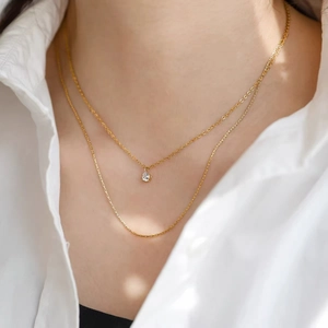 Dainty Double Layer Necklace Titanium Steel Sparkling Cubic Zirconia Pendant Minimalist Layered Chain Jewelry For Women