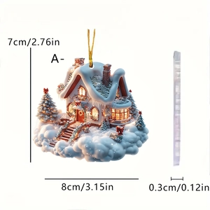Size chart for acrylic Christmas snow house ornament showing dimensions 8x7x0.3 cm