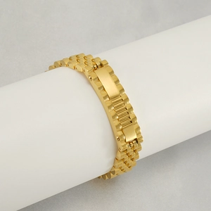 Polished 18K gold plated stainless steel watch-link bracelet for men on display